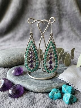 Boho Silver Teardrop Earrings - Purple & Teal-Green Artisan Style